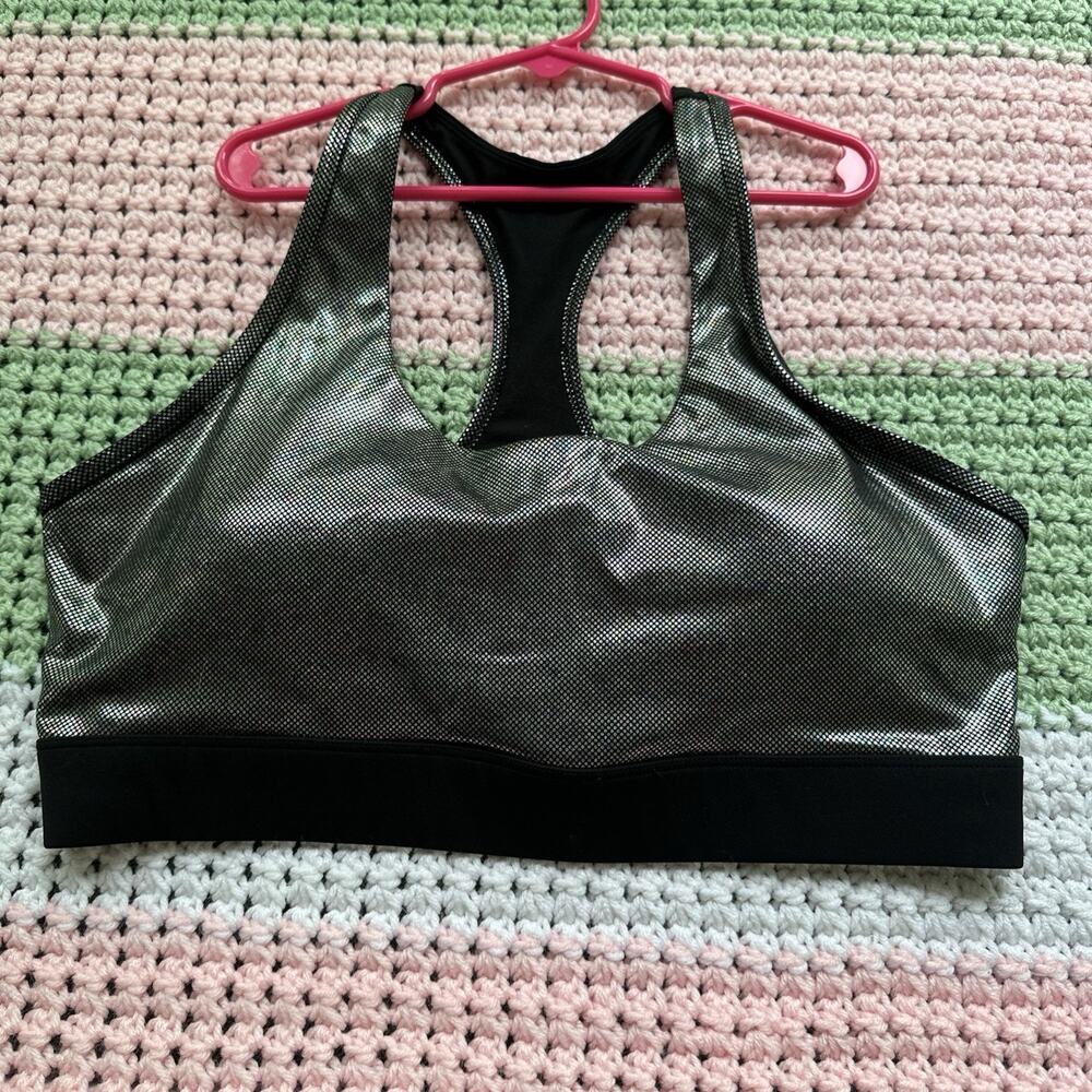 ZYIA ACTIVE Disco Luxe Silver Holographic Racerback Stretch Sports Bra Size Lg